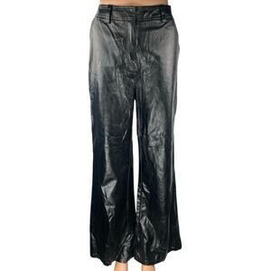 En Saison Women's Black Faux Vegan Leather High Waist Wide Leg Trousers Pants L